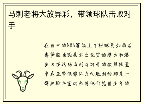 马刺老将大放异彩，带领球队击败对手