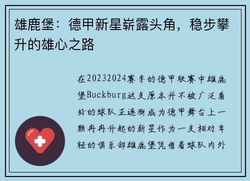 雄鹿堡：德甲新星崭露头角，稳步攀升的雄心之路